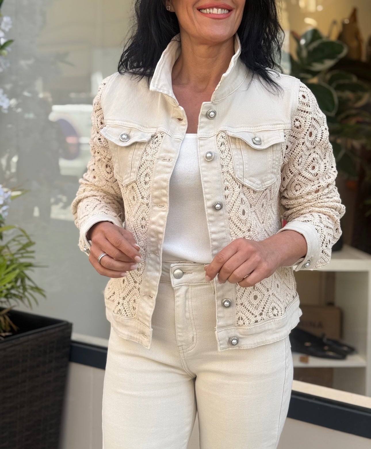 CHAQUETA DENIM BEIGE CROCHET