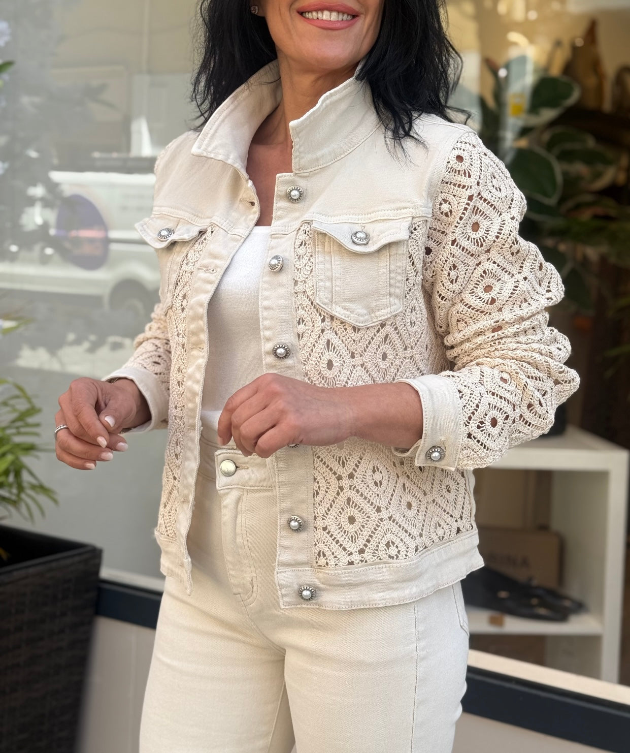 CHAQUETA DENIM BEIGE CROCHET