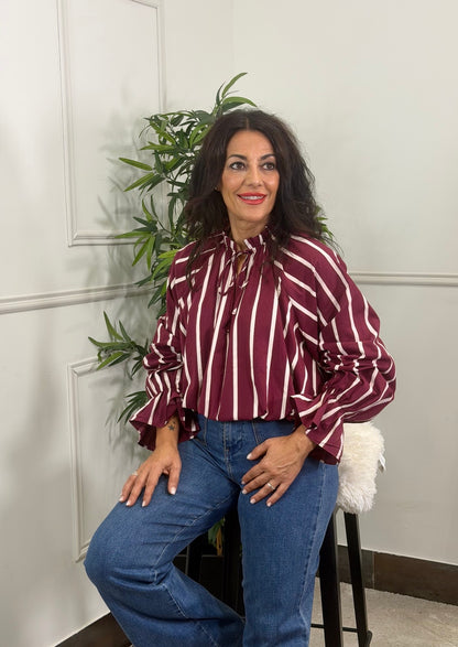 BLUSA GLOBO RAYAS BURDEOS