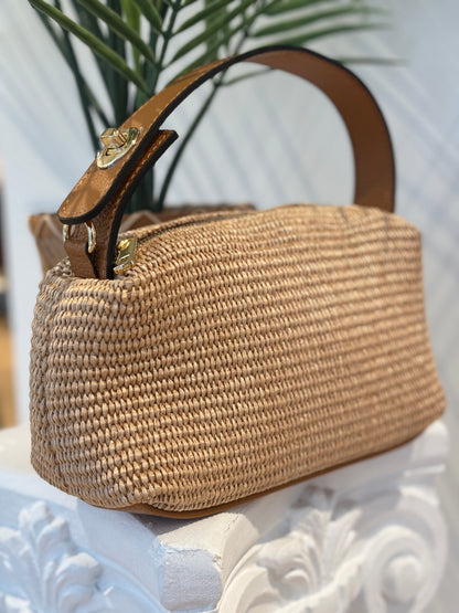 BOLSO VERGAMO PIEL Y RAFIA CAMEL