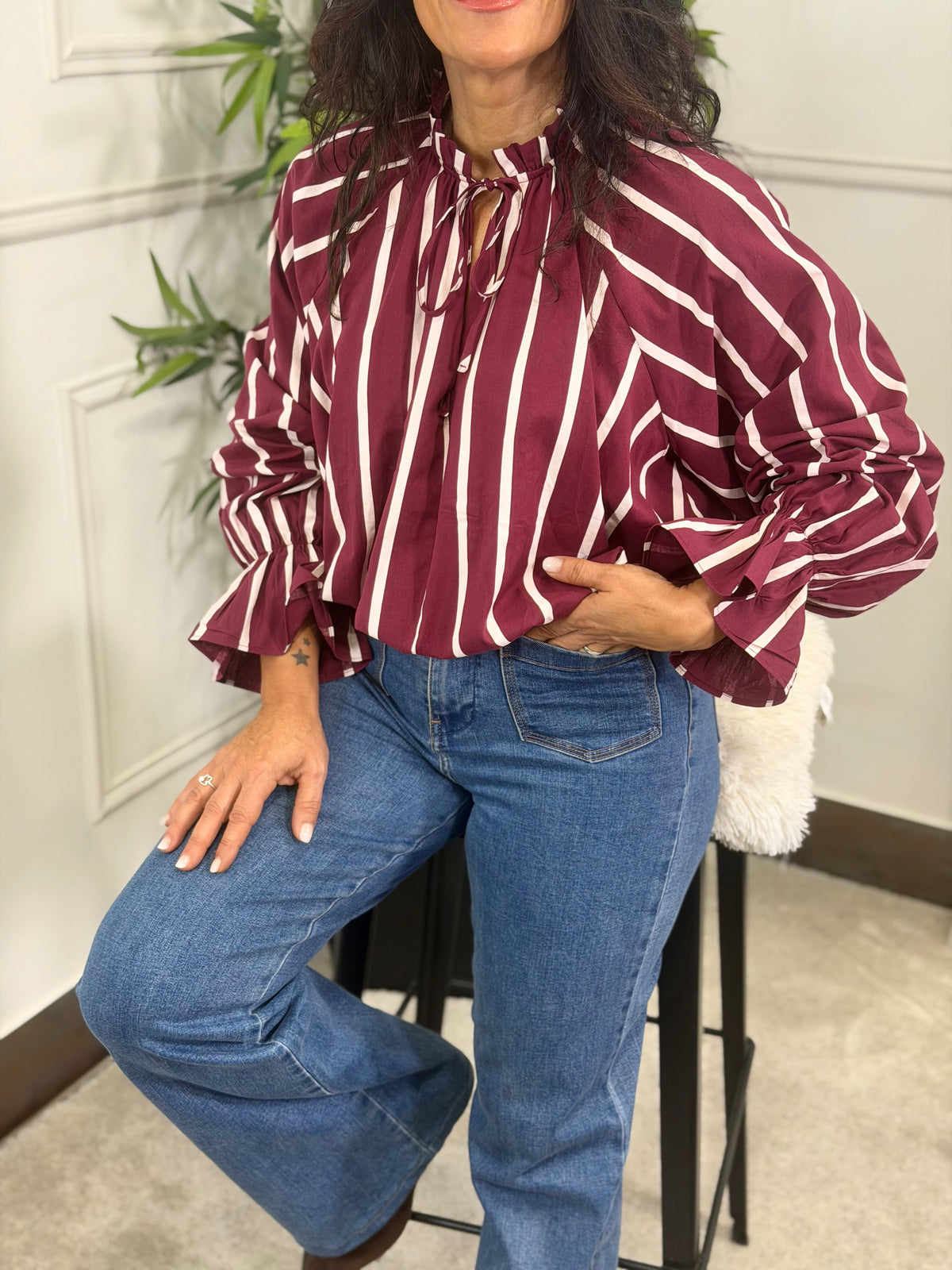 BLUSA GLOBO RAYAS BURDEOS