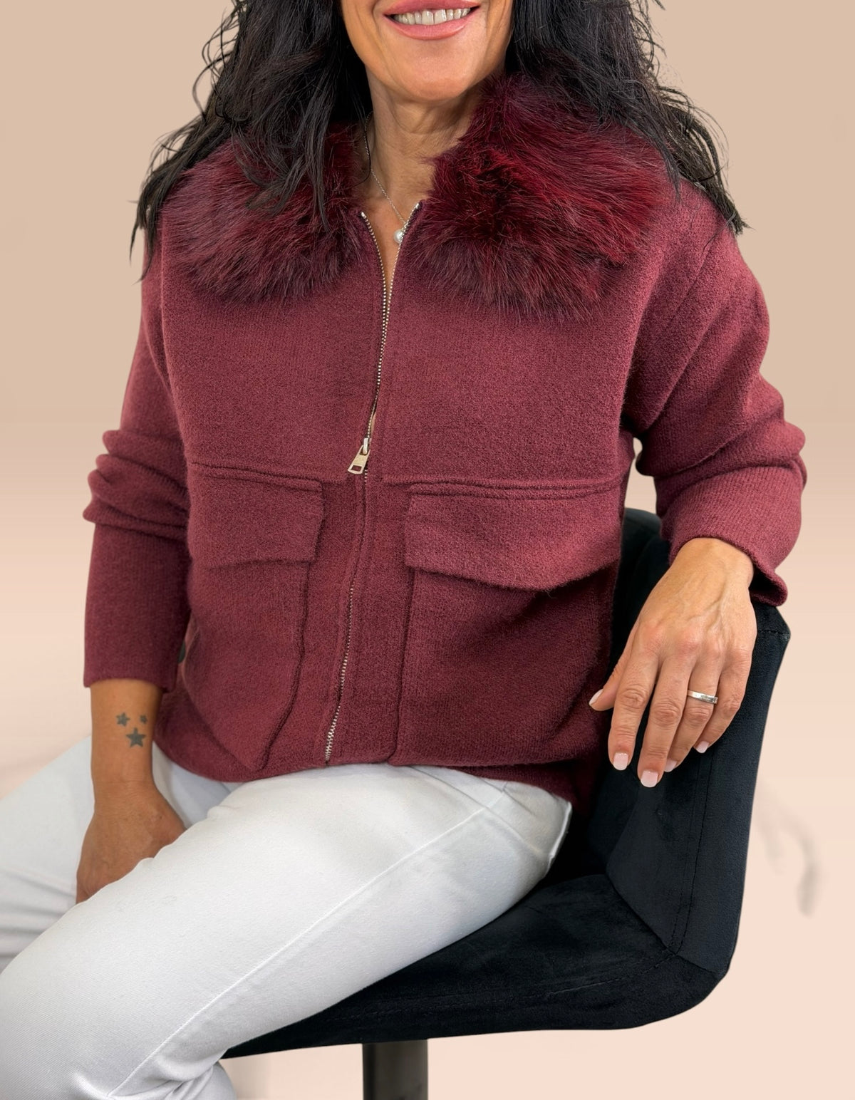 CHAQUETA BERLÍN PUNTO Y PELO BURDEOS