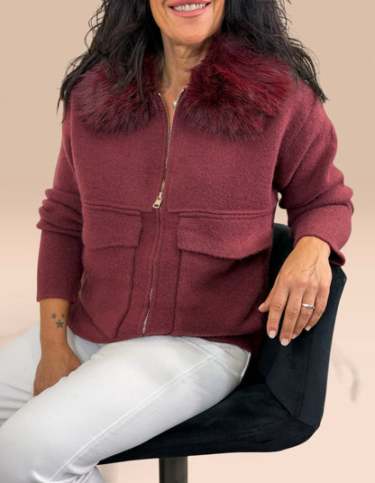 CHAQUETA BERLÍN PUNTO Y PELO BURDEOS