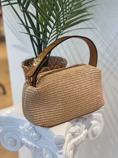BOLSO VERGAMO PIEL Y RAFIA CAMEL