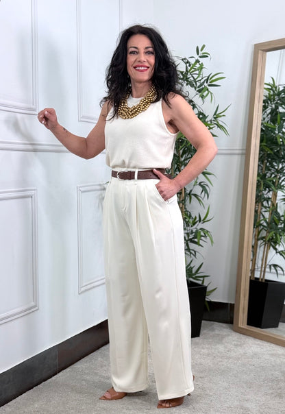 PANTALÓN PINZAS CINTURÓN CREAM