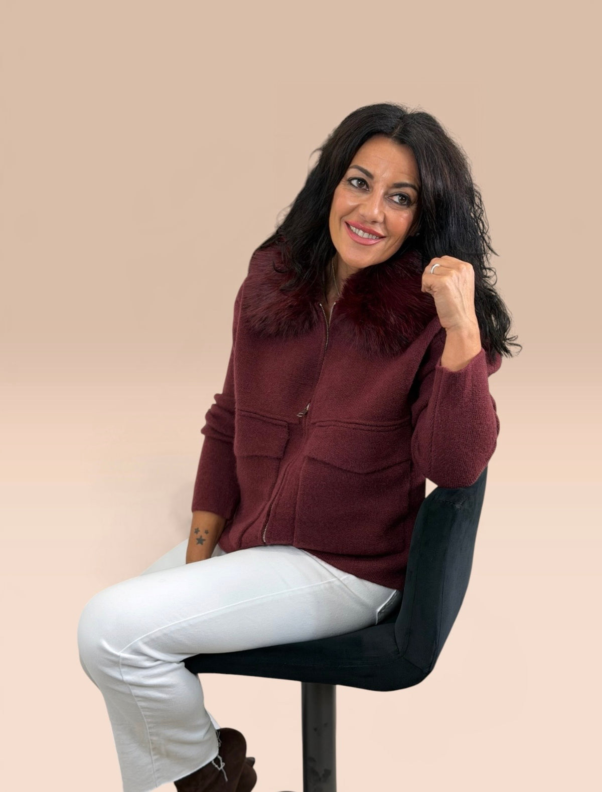 CHAQUETA BERLÍN PUNTO Y PELO BURDEOS