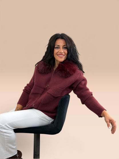 CHAQUETA BERLÍN PUNTO Y PELO BURDEOS
