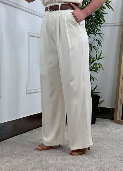 PANTALÓN PINZAS CINTURÓN CREAM